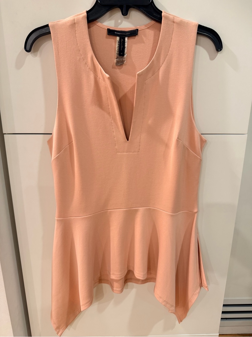 BCBG Max Azria Blush Pink Sleeveless Peplum Top Asymmetrical Hem Meduim